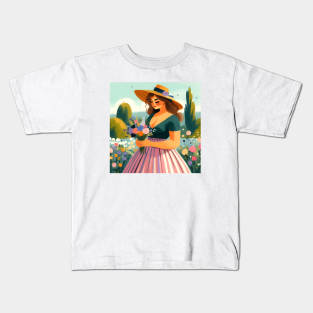 Beautiful woman in a dress holding flowers in nature landscape art Kids T-Shirt